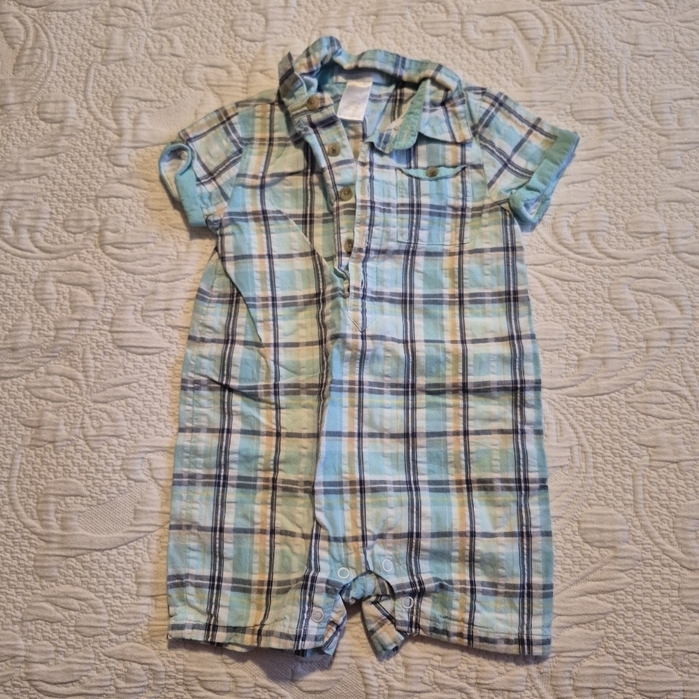 Janie and Jack boys 6-12 months plaid romper fully lined mint, white VGUC